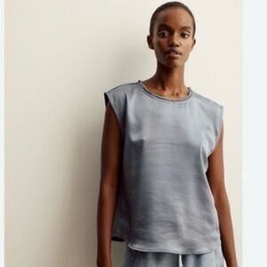 Melissa Nepton Women Celia Top Small Grey Willow Satin Fringed Raw Hem Blouse